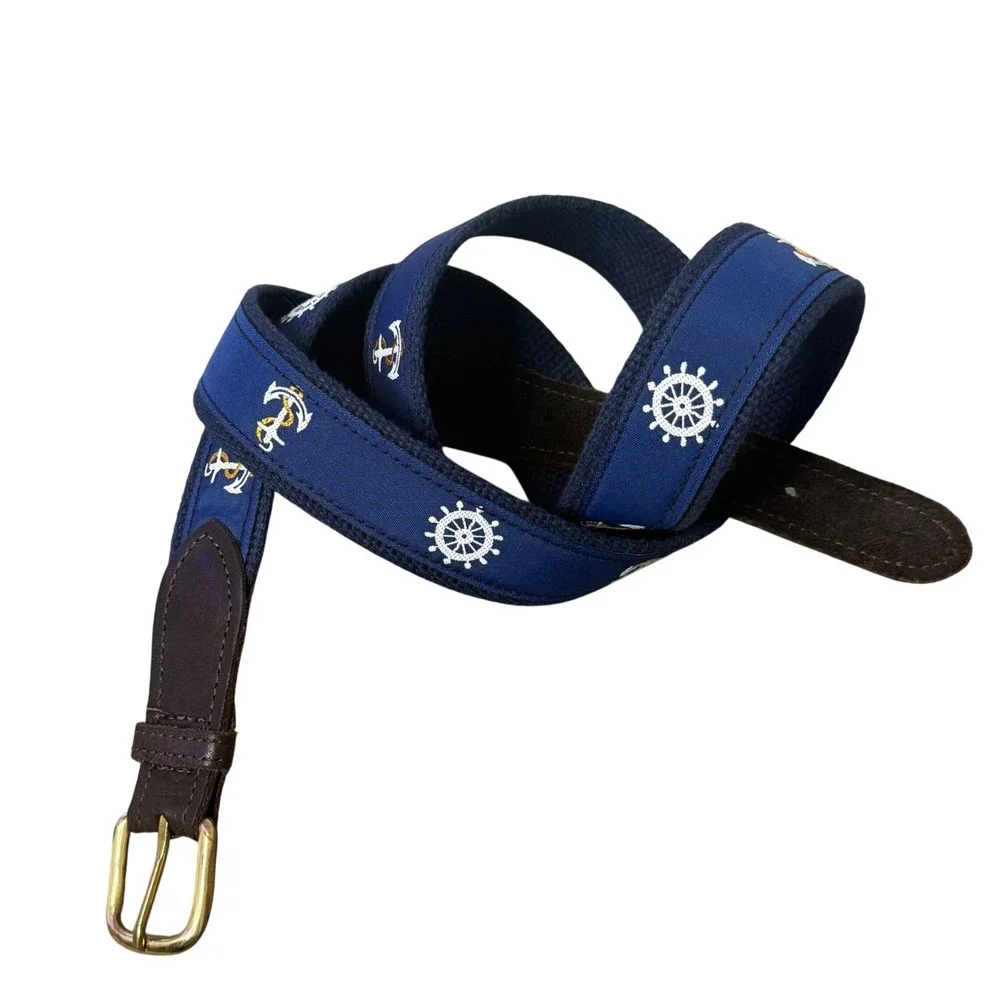 Men's Preppy Nautical Leather Canvas Belt Size 46 Blue Anchor Surcingle Sailing
